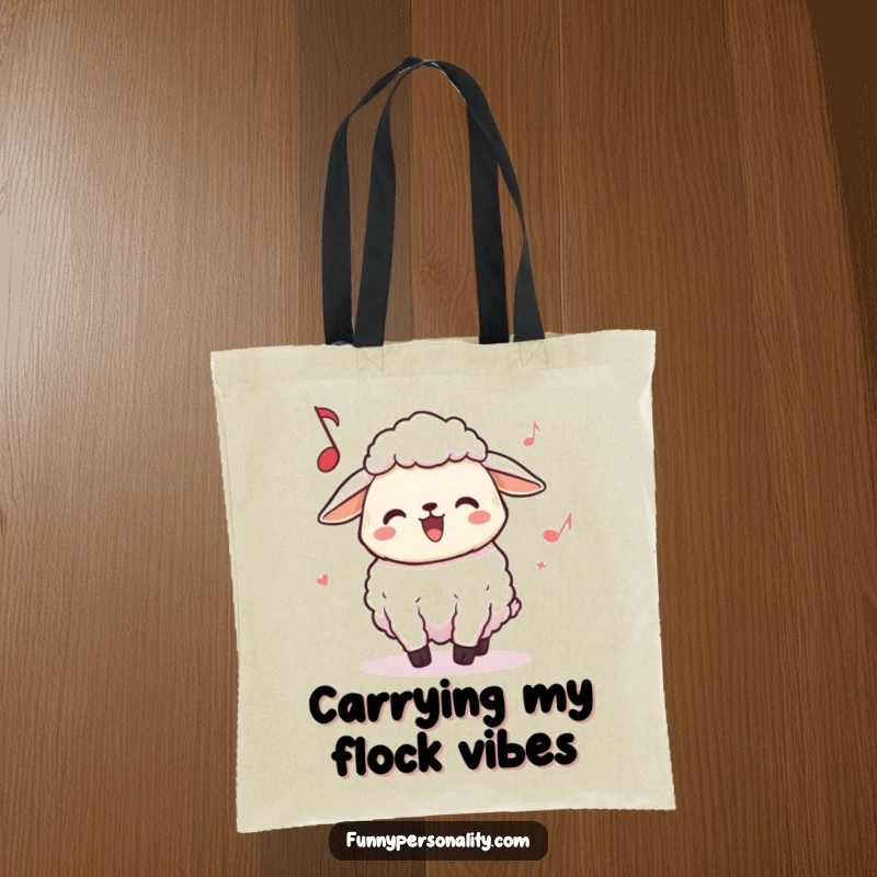 Funny Sheep Tote Bag: A joyful sheep character dancing and headbanging to unseen tunes, perfect for music lovers.