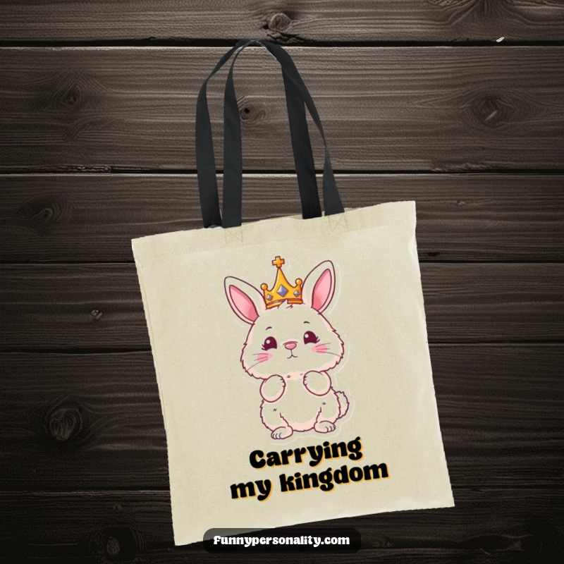 Funny tote bag with a fluffy bunny wearing a crown, embodying a regal and humorous presence.