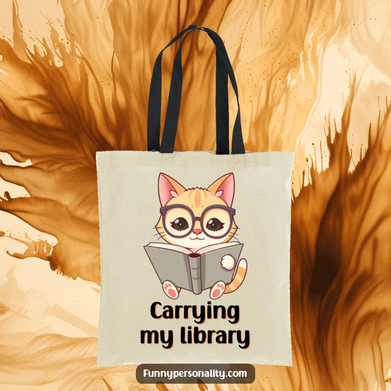 Funny tote bag featuring a silly cat wearing oversized spectacles and reading a giant book, perfect for book lovers.