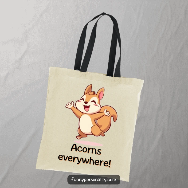 Energetic squirrel tote bag with a squirrel character in a triumphant leap, perfect for carrying essentials with motivation.