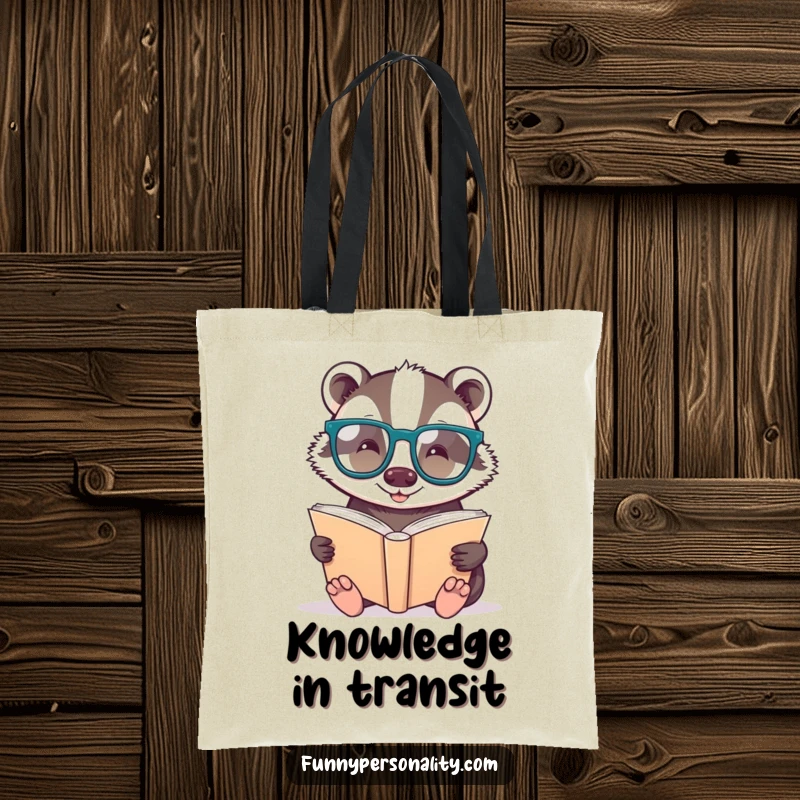 Funny tote bag: a badger in glasses reading a large book, perfect for carrying literary finds.