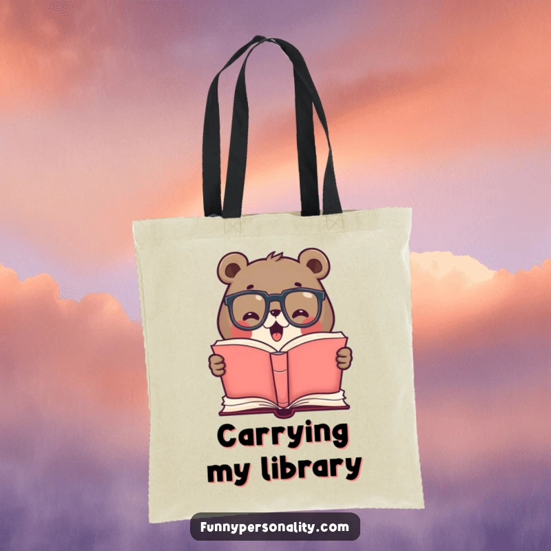 Funny tote bag showcasing a cute bear with glasses, excitedly reading a giant open book, ideal for carrying books and literary essentials.