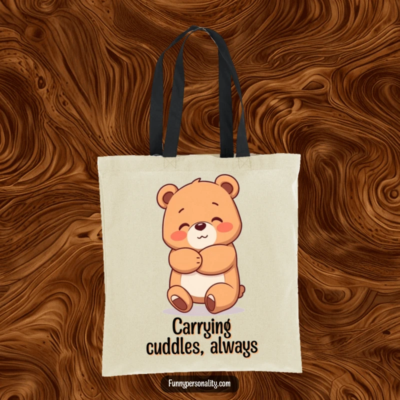 Funny Bear Hug Tote Bag featuring a happy bear character giving a big, warm hug, ideal for daily use and spreading cheer.