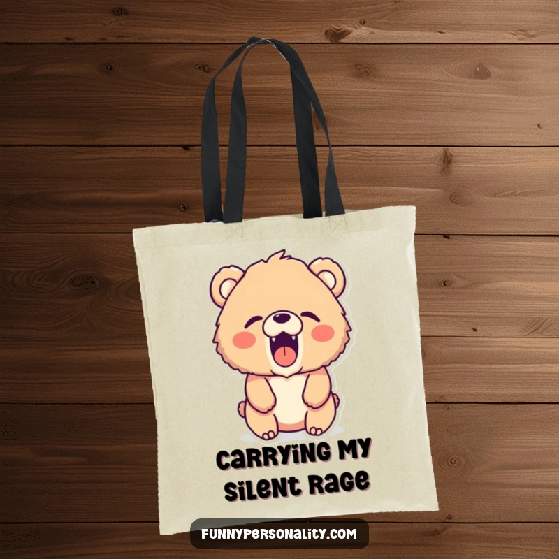 Funny bear tote bag: a sturdy tote bag featuring a fluffy bear character excitedly making a tiny, silent roar.