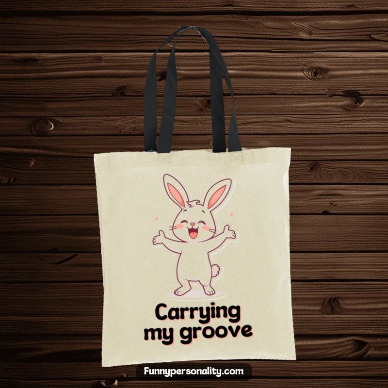 Funny Bunny Dance Tote Bag: A happy bunny dancing energetically, ideal for carrying belongings with a touch of playful humor. Gift.