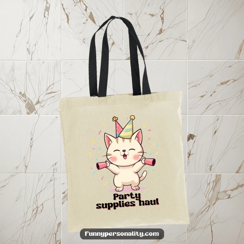 Funny Cat Party Tote Bag: A durable tote featuring a mischievous cat in a party hat, shooting confetti. A festive funny gift.