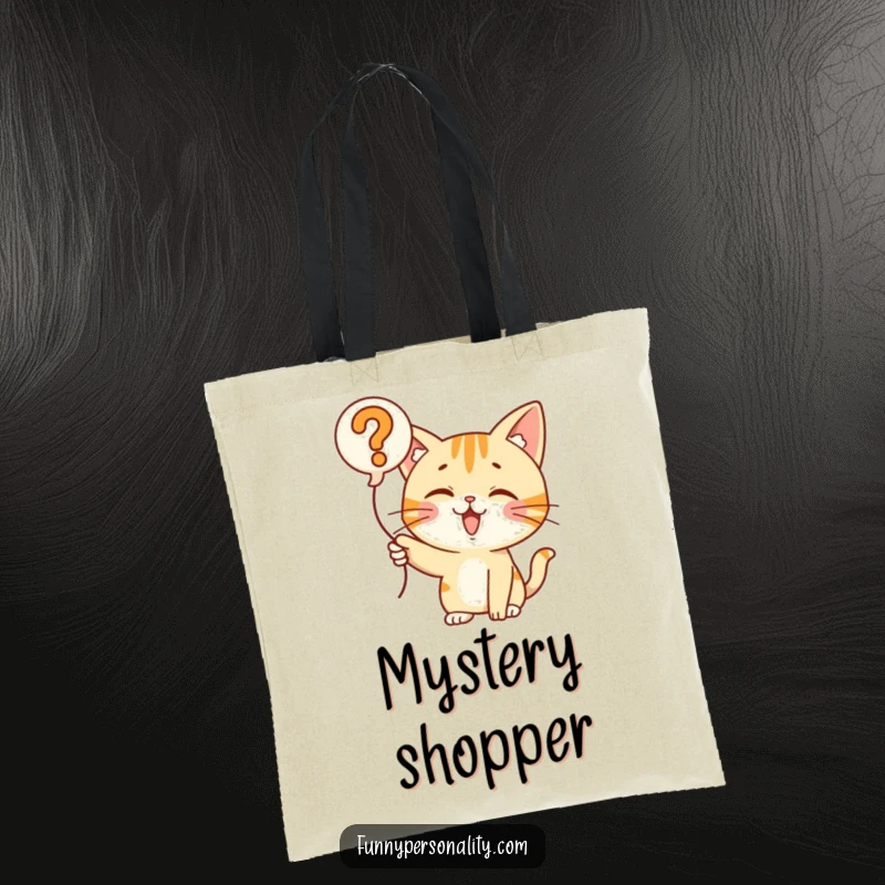 Funny Cat Question Balloon Tote Bag: A curious cat enthusiastically pointing at a question mark balloon, ideal for carrying essentials. Gift.