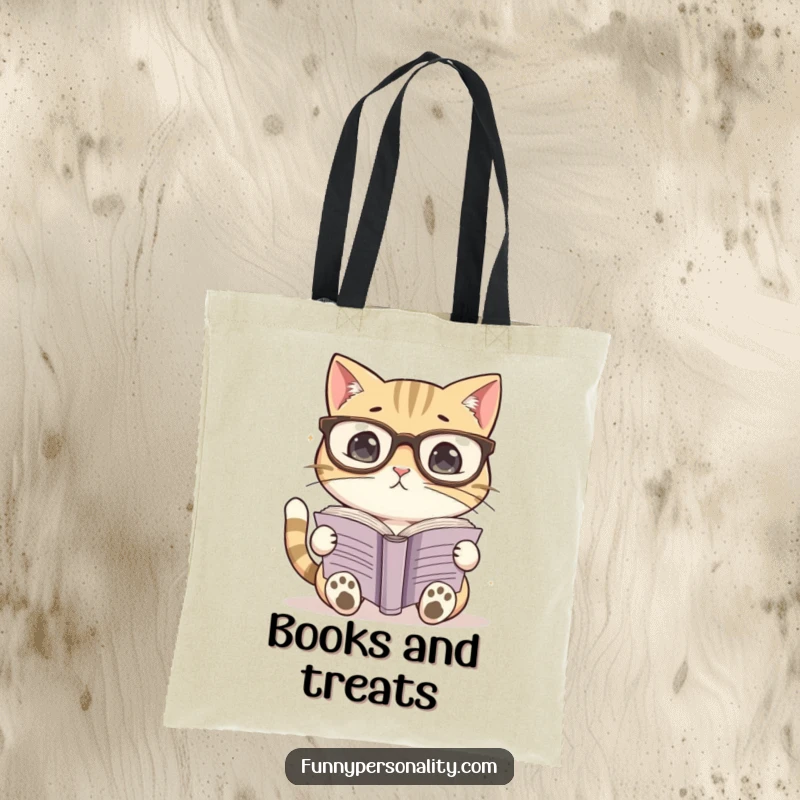 Funny tote bag with a cat wearing oversized glasses attempting to read a book. Perfect for carrying books and essentials.