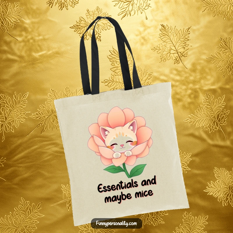 Funny Tote Bag: A shy cat character peeks from behind a large flower, showcasing playful timidity and adorable humor.