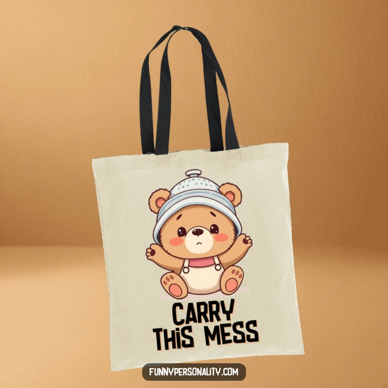 Funny Tote Bag illustration of a confused bear cub humorously wearing a colander as a hat, ready for errands.