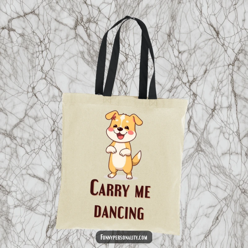 Funny tote bag shows a cheerful dog doing a funny dance, perfect for carrying items with personality.