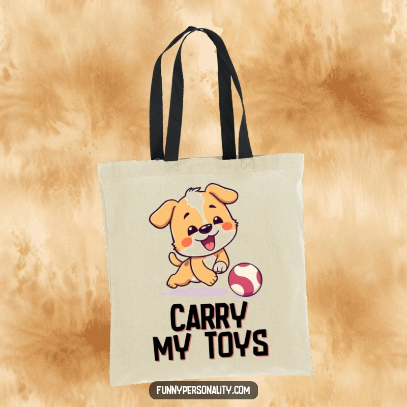 Funny tote bag featuring a playful dog character comically tripping while chasing a bouncing ball, perfect for dog owners.
