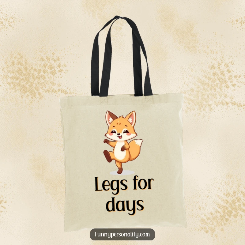 Funny Tote Bag illustration of a happy fox cub performing a silly leg kick, perfect for carrying essentials with flair.