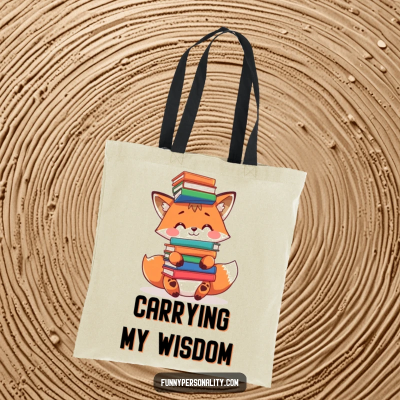 Funny fox tote bag: a durable tote featuring a playful fox character successfully balancing a tall stack of books on its head.