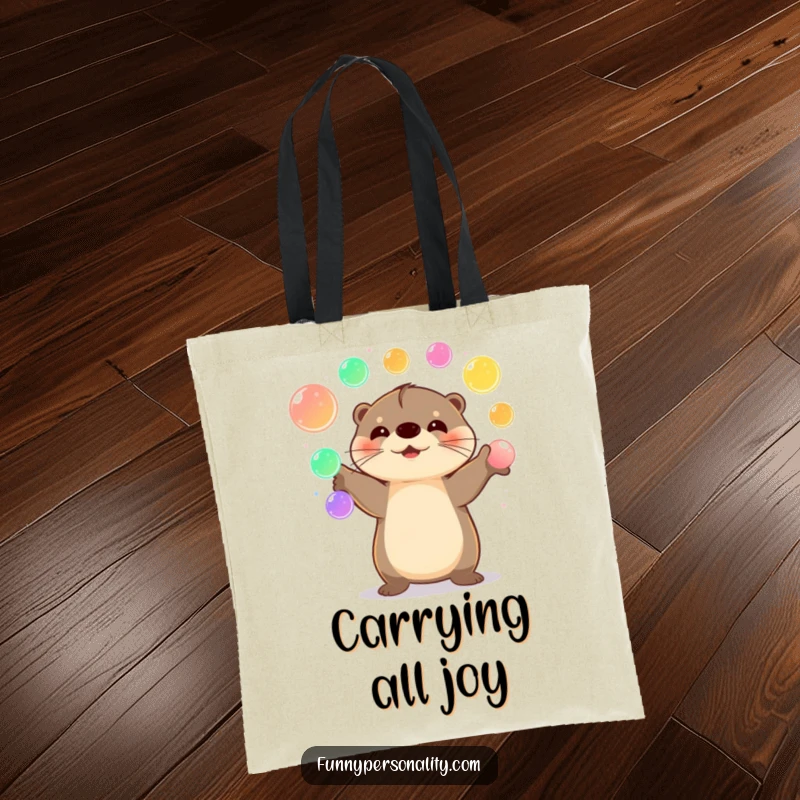 Funny Otter Tote Bag with a happy otter juggling colorful glowing orbs, ideal for carrying items with delight.