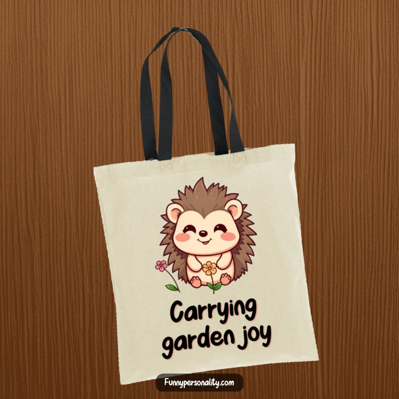 Funny tote bag with a cheerful hedgehog beaming at a tiny flower, a whimsical and charming accessory for carrying your essentials.