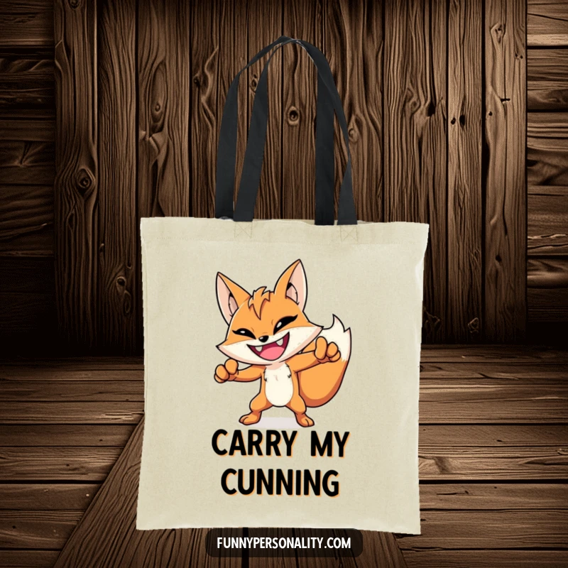 Funny hero fox tote bag with a grinning fox striking a heroic pose, perfect for carrying essentials with flair.