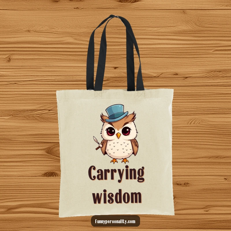 Funny Tote Bag: A curious owl wearing a top hat and holding a quill, a stylish and practical bag for carrying books and essentials.