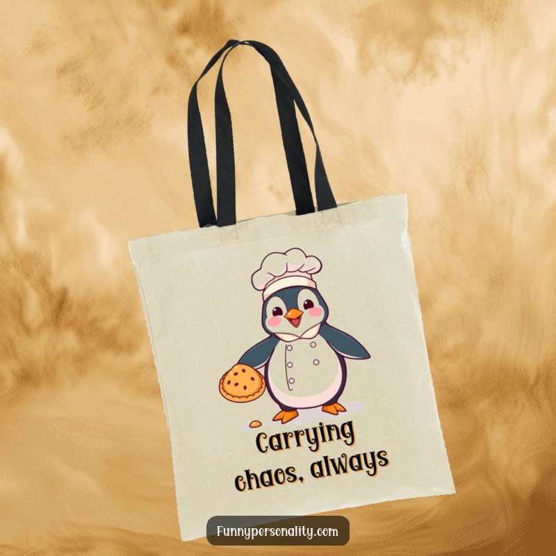 Funny tote bag: a penguin chef fumbling a pie, perfect for carrying essentials with a humorous touch.