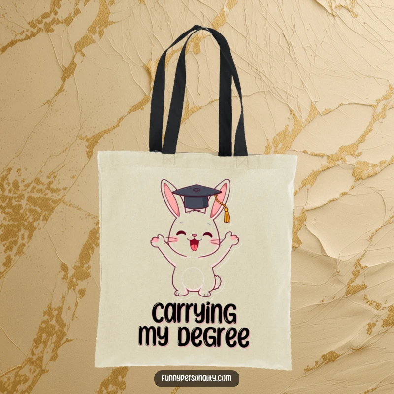 Funny tote bag featuring a happy rabbit character enthusiastically waving a tiny graduation cap, perfect for carrying essentials.