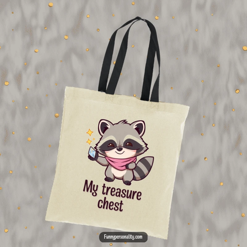 Funny Tote Bag: A joyful raccoon in a mask holding a shiny object, a playful and practical bag for carrying treasures and essentials.