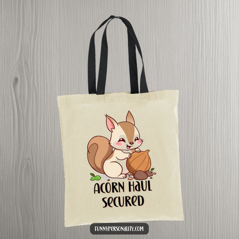 Funny squirrel tote bag with a busy squirrel character burying a nut, perfect for carrying essentials with personality.