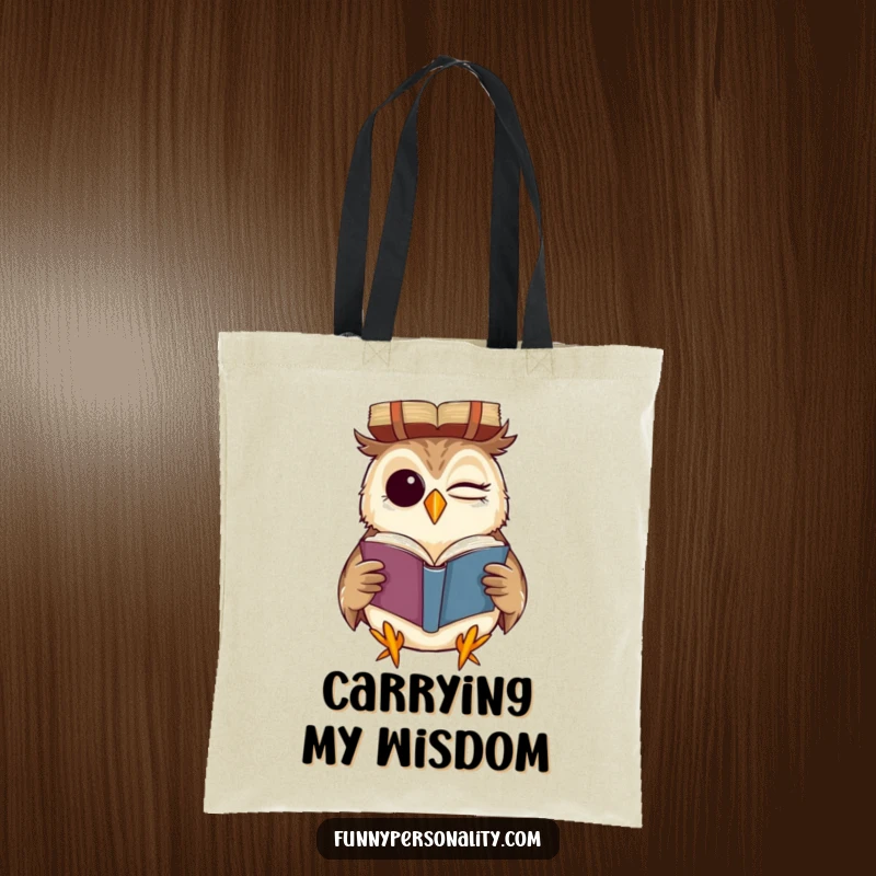 Funny tote bag with a winking owl reading a book upside down with a grin, a humorous and practical accessory for book lovers.