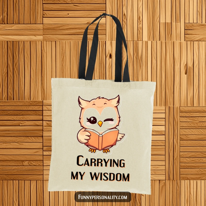 Funny winking owl character holding a book open with its wing, illustrated on a tote bag, perfect for library visits and a funny gift.