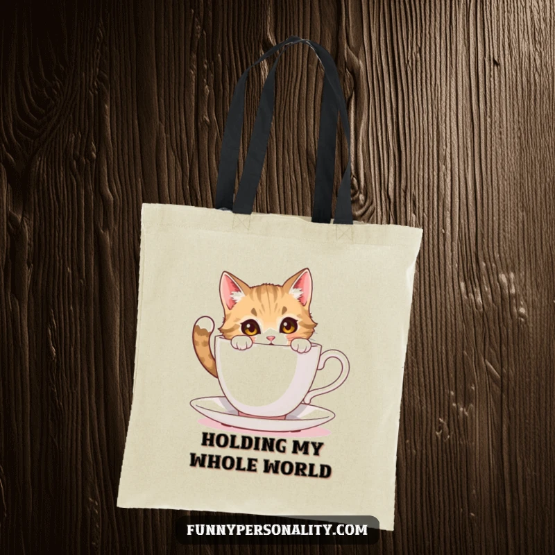 Funny cat tote bag: a durable tote featuring a curious cat character peering into an oversized teacup with immense interest.