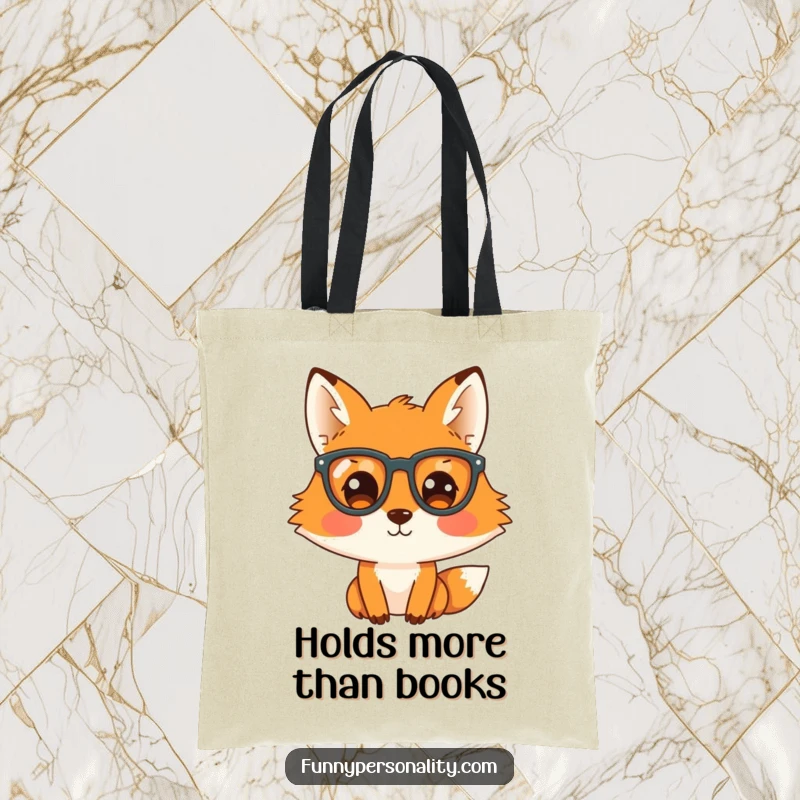 Funny tote bag featuring a curious fox with large glasses, peeking with intrigue, useful for everyday carry.