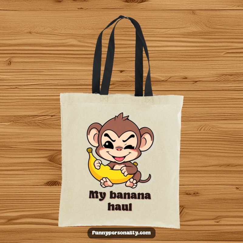 Funny Tote Bag: A mischievous monkey grins while balancing a banana, a humorous and practical gift.