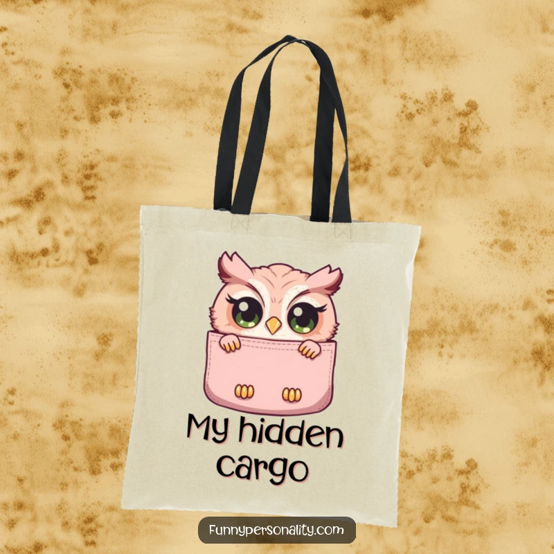 Funny tote bag with a curious owl with wide eyes peeking out from a large pocket, perfect for carrying essentials with a watchful friend.