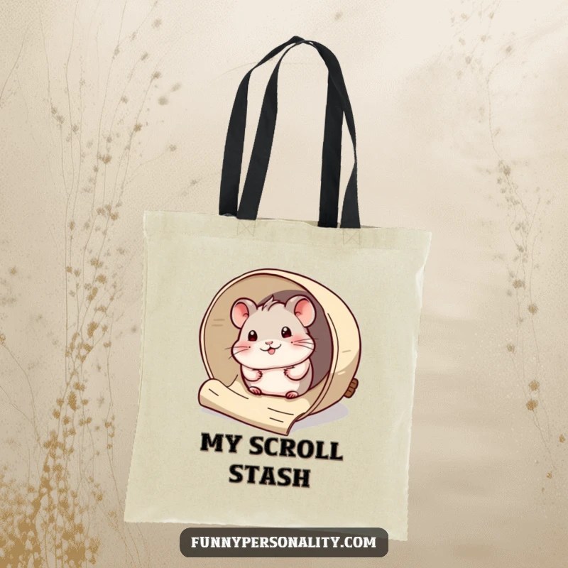 Funny Tote Bag: A curious hamster peeks out from a giant rolled-up scroll, a humorous and practical gift.