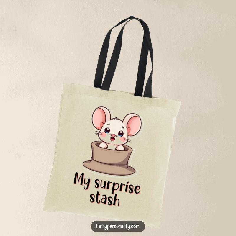 Funny tote bag with a surprised mouse character popping out of a tiny hat, perfect for carrying essentials with flair.