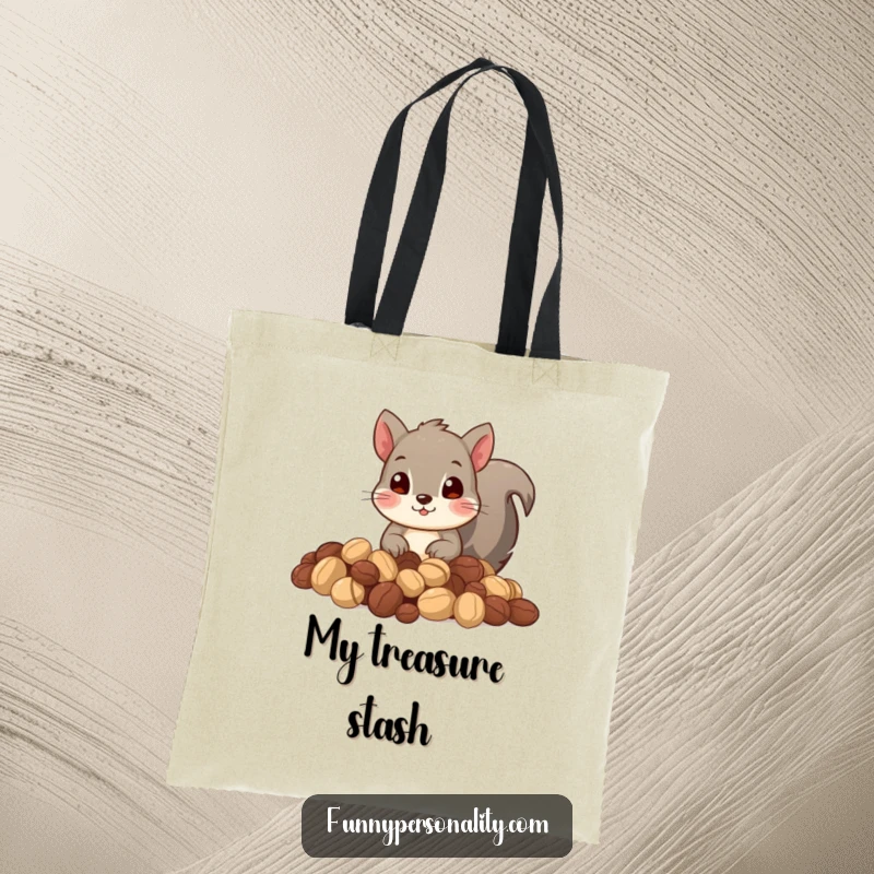 Funny tote bag showing a squirrel peeking out from a pile of nuts. Great for carrying treasures and essentials.