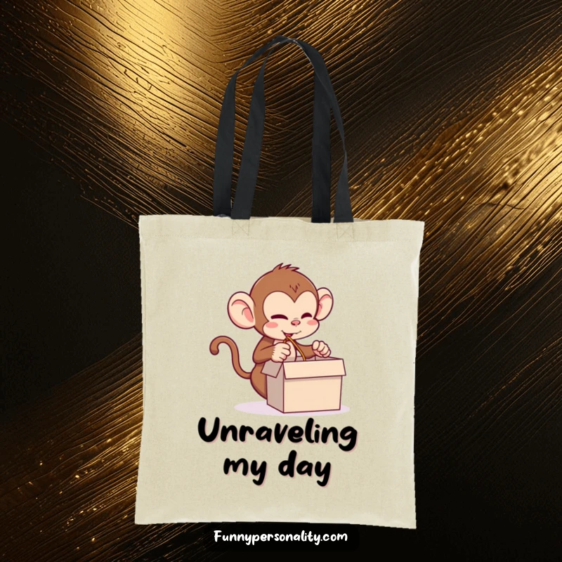Funny monkey tote bag with a mischievous monkey pulling a long string, perfect for carrying essentials with humorous flair.