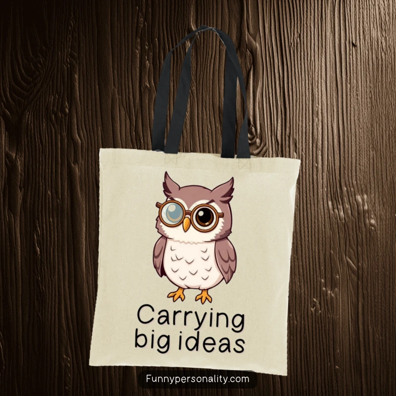 Wise owl tote bag with a distinguished owl character wearing a monocle, perfect for carrying books and essentials.